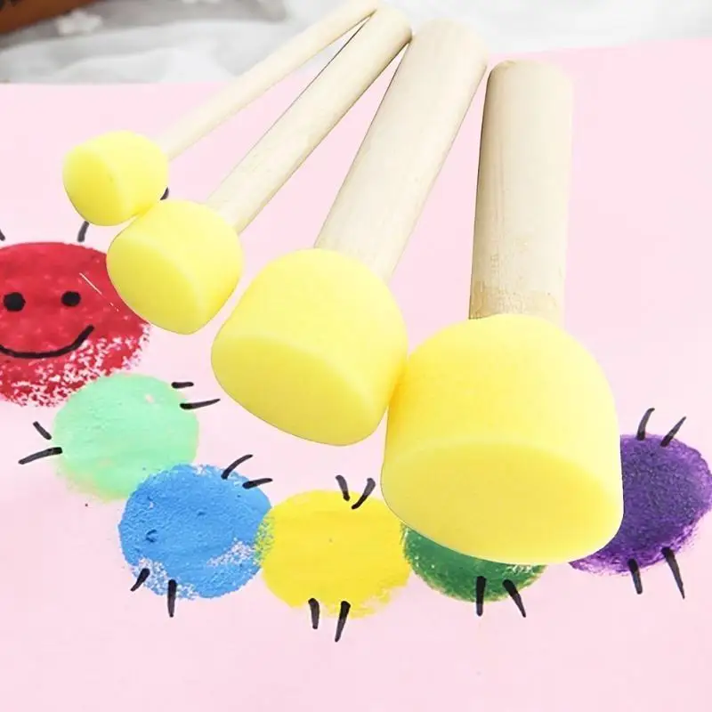 4pcs/set Original Wooden Handle Graffiti Paint Brush Sponge Paint Brush Art Supplies For Youngsters