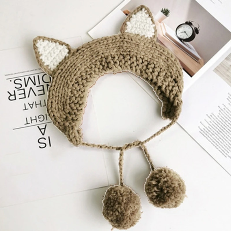 Phong Cách Mới Mùa Đông Cáo Skullies Nữ Cho Mèo Earflap Nón Móc Dệt Kim Mũ Trang Phục Bò Mũ Lưỡi Trai Nữ Tặng bé Anime