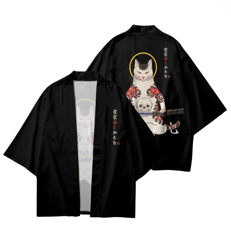 Japanese Kimono Yukata Samurai Kimono Man Cat Print Shirt Clothing Harajuku Cardigan For Mentraditional Haori Kimono Women