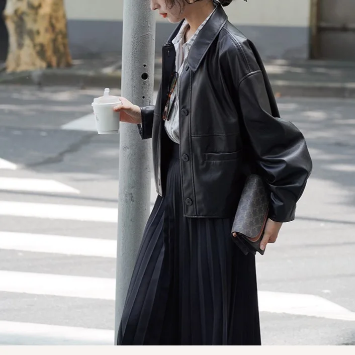 Women Short Coats Faux Leather Jackets Turn Down Collar Pu Coat Work Y2k Streetwear Jacket Casual Outerwear Autumn Winter