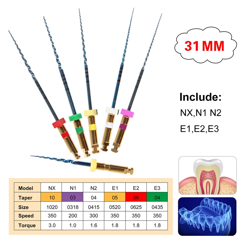 

6Pcs Dental Endo NITI Rotary File Endodontic Engine Files 31MM No Break for Endo Root Canal Treatment