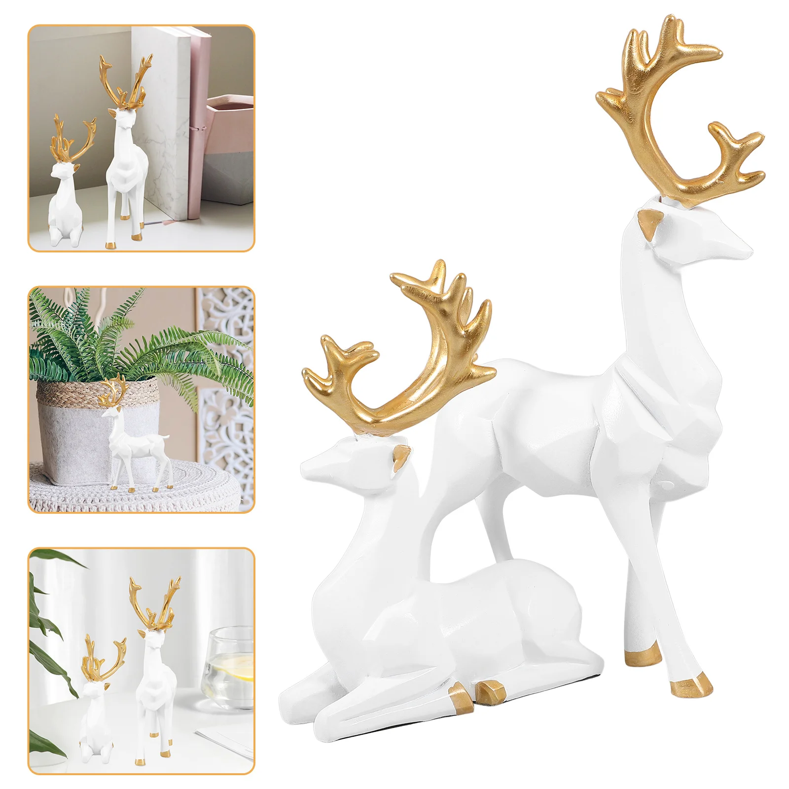 

2Pcs Medium White Geometric Reindeer Statues Christmas Elk Decoration Holiday Table Decor Xmas Reindeer Ornament