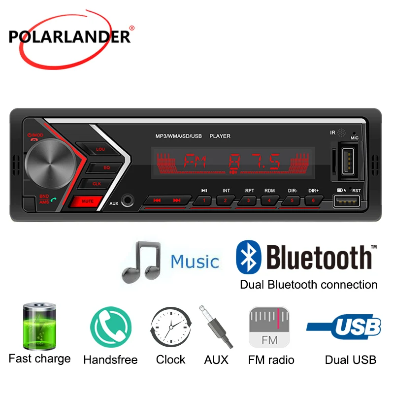 

1 Din 12V MP3 Car Radio Colorful Light Dual Bluetooth Hands-free 4.0 Audio Source Copy 87.5~108MHZ TF FM 2SUD 12V 60Wx4