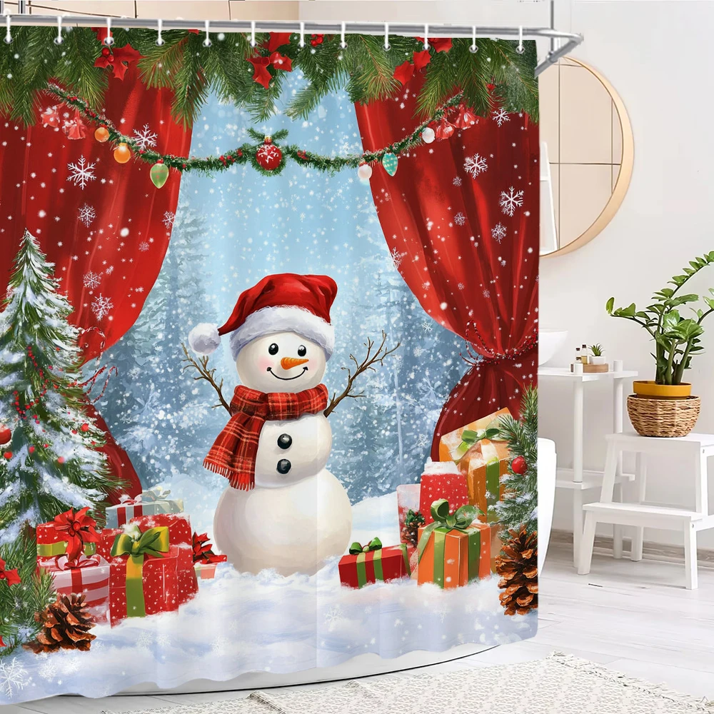 

Snowman Shower Curtain, Christmas Bathroom Curtain, Merry Christmas Shower Curtain,Home Decoration Curtain with Hooks