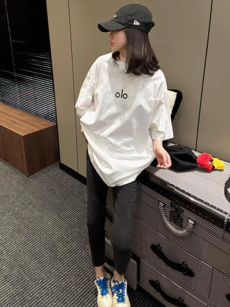 Lâche décontracté mi-longue ort-sav T-shirt femmes été coton imprimé bout à bout couvrant haut Faionable polyvalent coréen Sle