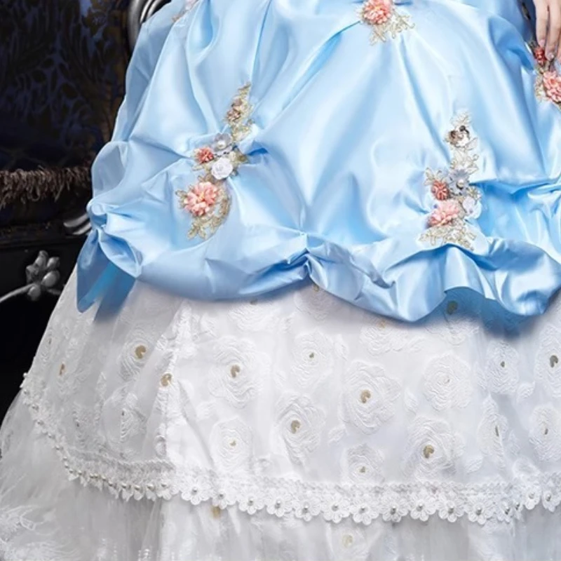 فستان المحكمة الأوروبية الزرقاء الراقية الرجعية صور المنصة أداء الدراما زي Vestidos Luxo Para Festa رداء Cérémonie فام