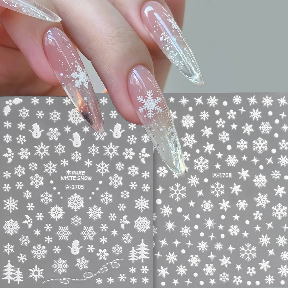 1sheet 3D White Snowflakes Nail Stickers for Christmas Winter Snow Flower Self-adhesive Nail Art Decals DIY Manicure Decorations