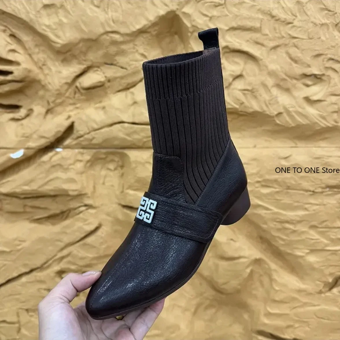 المرأة حذاء بوت بطول الكاحل منتصف كعب موضة ساحة تو محبوك لينة ومريحة تنفس تمتد الأحذية 2024 الأحذية النسائية الجديدة