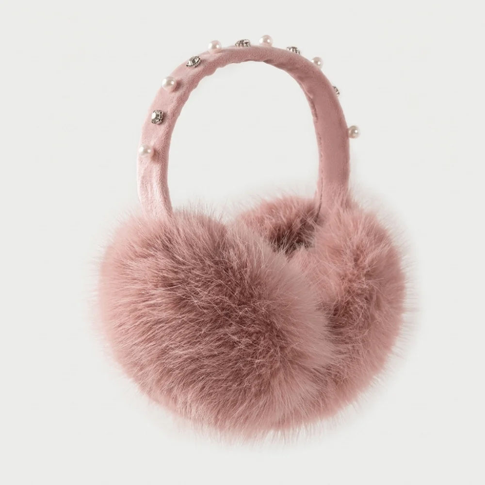 Fashion Pearl Rhinestone Decor Faux Fur Earmuffs Soft Fluffy Winter Ear Warmers Cold‑proof Plush Soft Fluffy Earmuffs Cycling