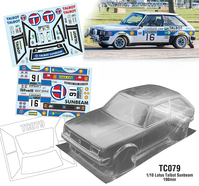 TC079 1/10 Lotus Talbot Sunbeam Clear Lexan Karosserie 190 mm mit Aufkleberfolie für RC Rally Car Tamiya tt02 XV01 XV02 Kyosho