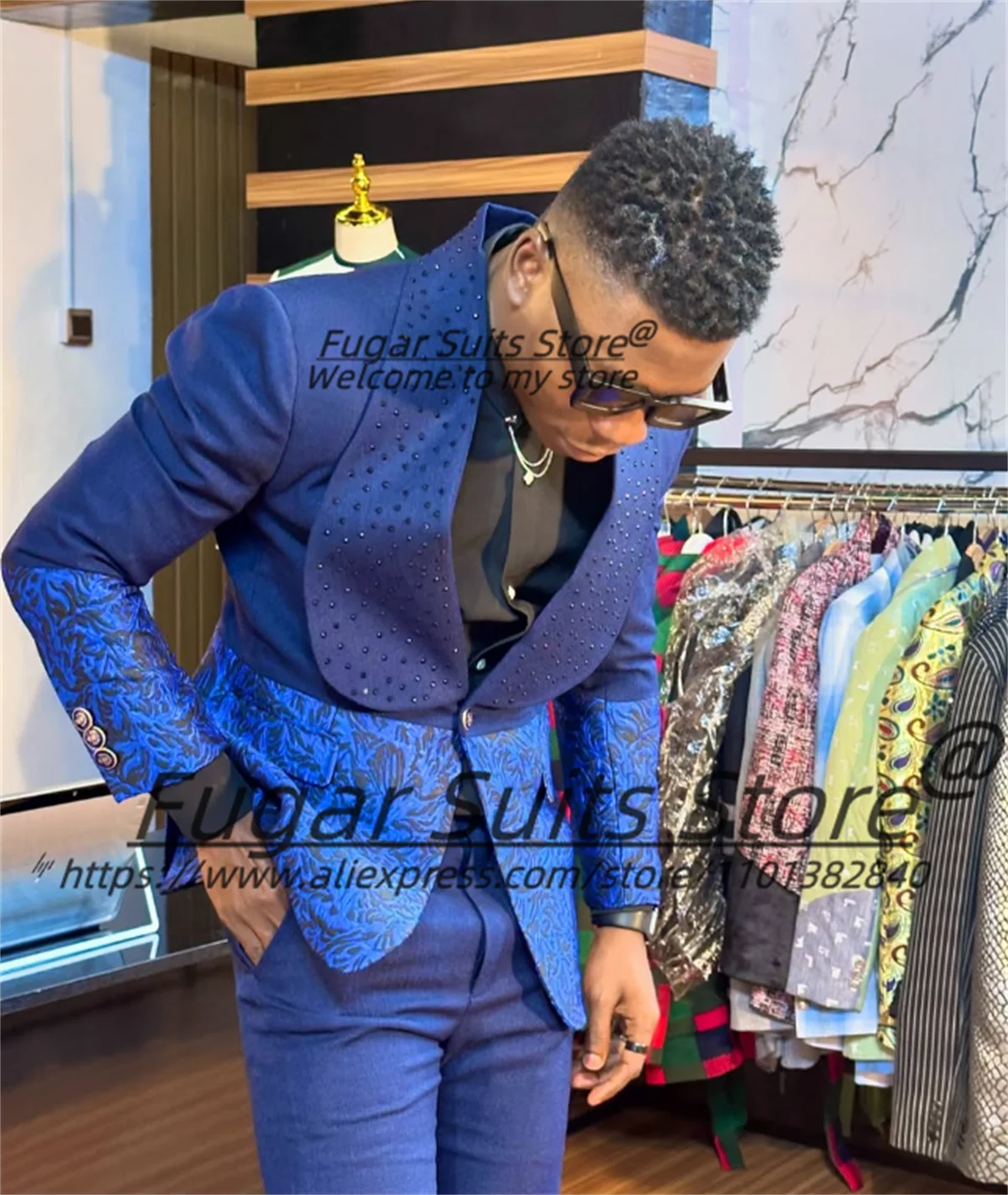 Handsome Blue Luxuly Wedding Groom Tuxedos Customized Slim Fit Shawl Lapel 2Pieces Sets Male Party Blazers Elegant Costume Homme