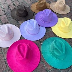 Zamszowe cylinder 9.5cm Fedora z szerokim rondem kapelusze męskie damskie jesienno-zimowe filcowe kapelusze jazzowe klasyczne kościelne fedory Chapeau Sombrero Mujer