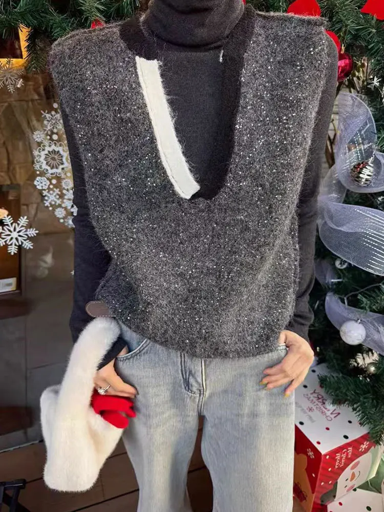 

High-End European Sle Color Blo Knitted Vest Unique Design Svel V-Ne Winter Top Lazy Sle Loose Fit Commute