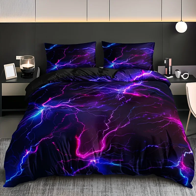 

Purple Lightning Line Duvet Cover Set 1 Duvet Cover+2 Pillowcases Home Dormitory High-Definition Print Bedding Set Collection