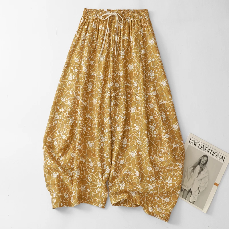 

Summer Yellow Print Vacation Decomposition Knife Pants Women Lazy Drawstring High Waist Loose Slimming Casual Pants