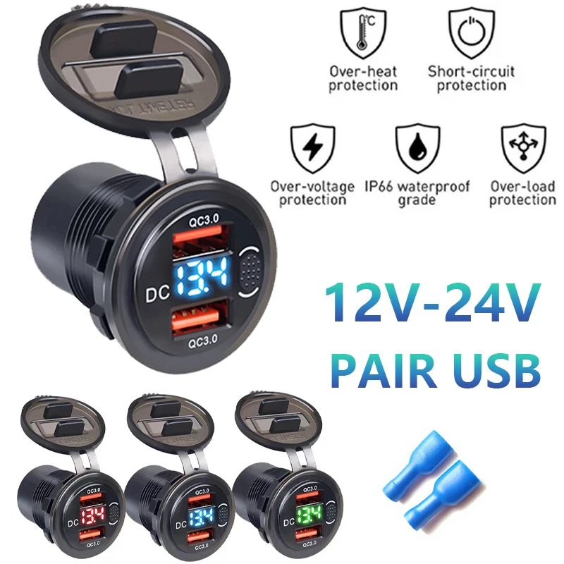 

Dual USB Charger Waterproof Cigarette Lighter with Digital Display and Switched Power Outlet for Cars Boats RVs and Motorcycles