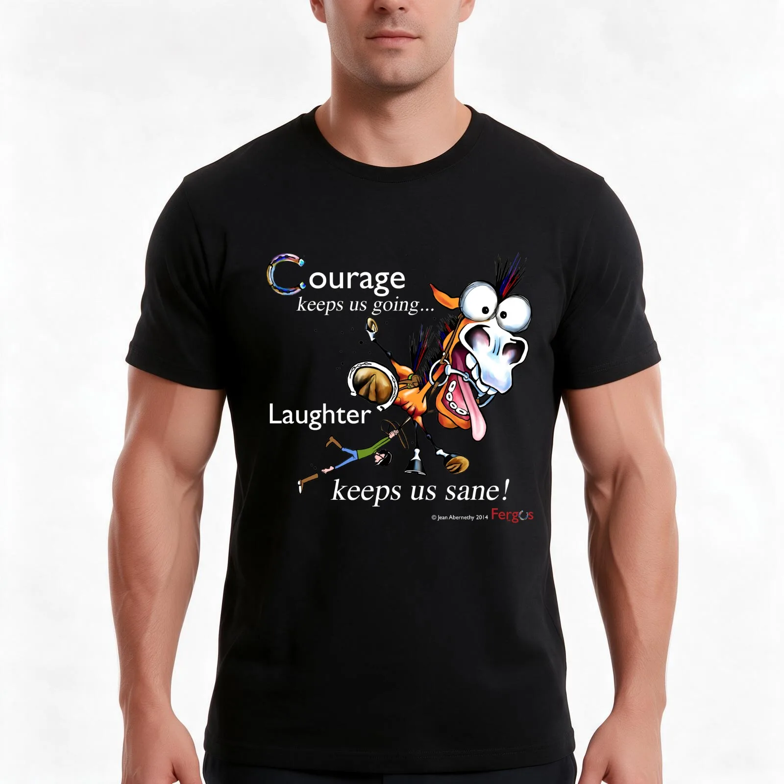 Fergus the Horse: Courage/Laughter T-Shirt, Summer Casual Cotton Tee, Oversized Streetwear Tops, Vintage Graphic Print