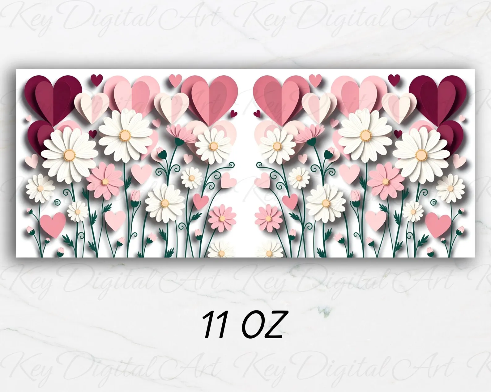 3D Love Hearts Mug Wrap Template 11oz 15oz 3D Field Flowers Mug Sublimation Design PNG Instant Digital Download for DIY Mug Prin