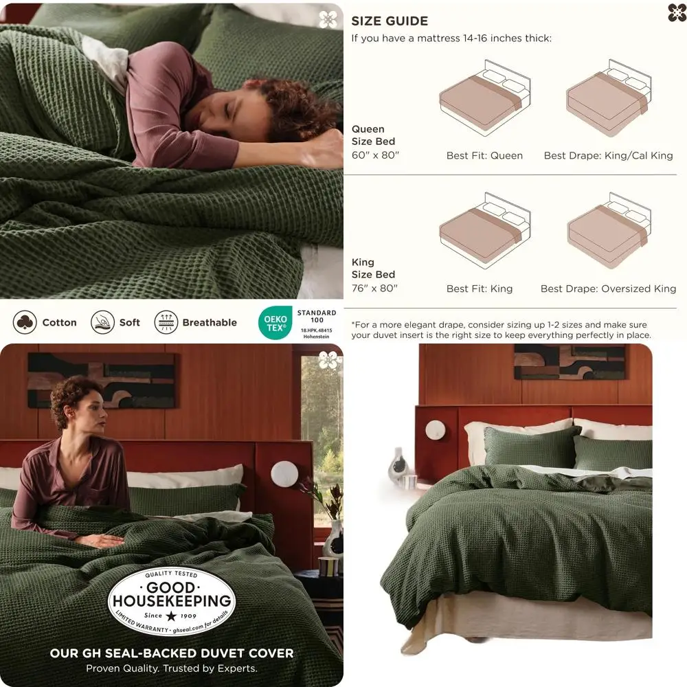 Juego de Funda de Edredón Queen Verde Oliva 100% Algodón, Ropa de Cama Transpirable de 3 Piezas con Tejido Wale, Para Todas las Estaciones, 90x90