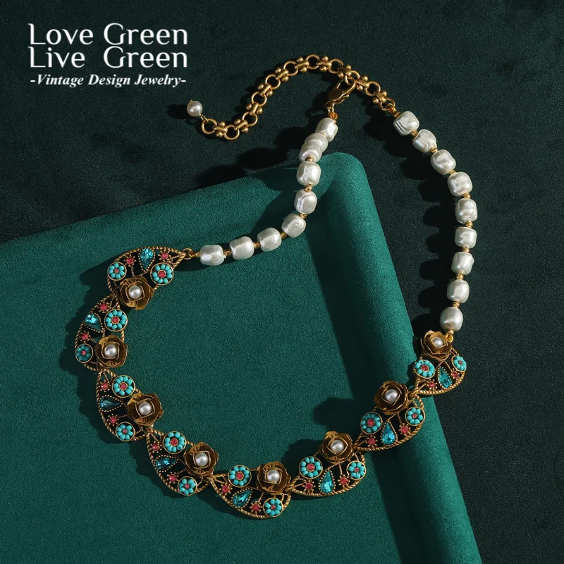 

Vintage Pearl Necklace Freshwater Antique Gold Color Flower Leaf Woman Blue Beads Bohemia Luxury Quality Jewelry Designer 2025