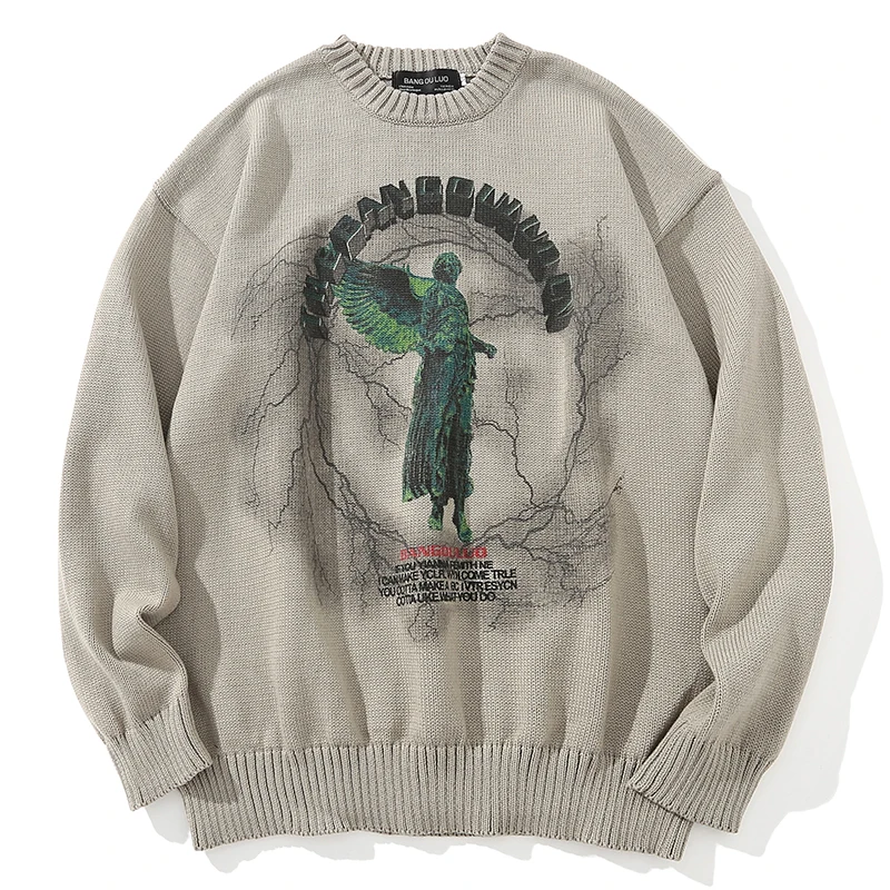

Autumn Men Knitted Jumper Sweaters Lightning Angel Graphic Pullovers 2025 Streetwear Harajuku Casual Loose Fit Knitwear Clothing