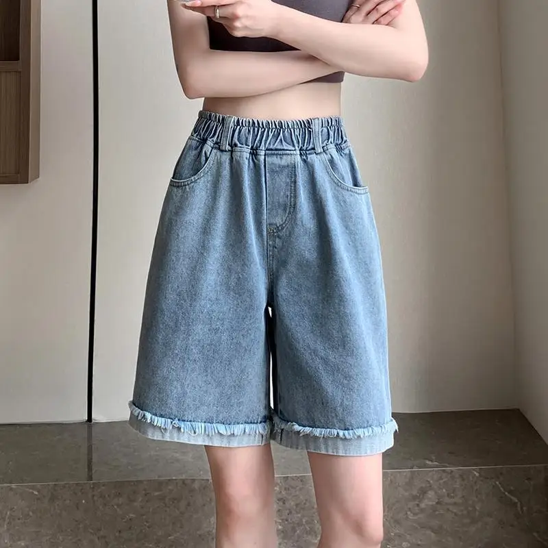 Women Elastic Waist Pockets Basic Solid Blue Denim Shorts Bandage Wide Casual Pants Cropped Jeans 2025 Trousers Ladies