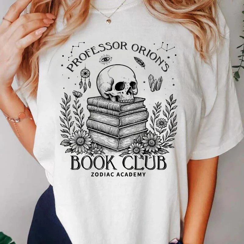 

Skull Book Club Printed Pattern Women's White T-Shirt Printed Cartoon Trendy Women's Casual Basic Round Neck T-Shirt New Top