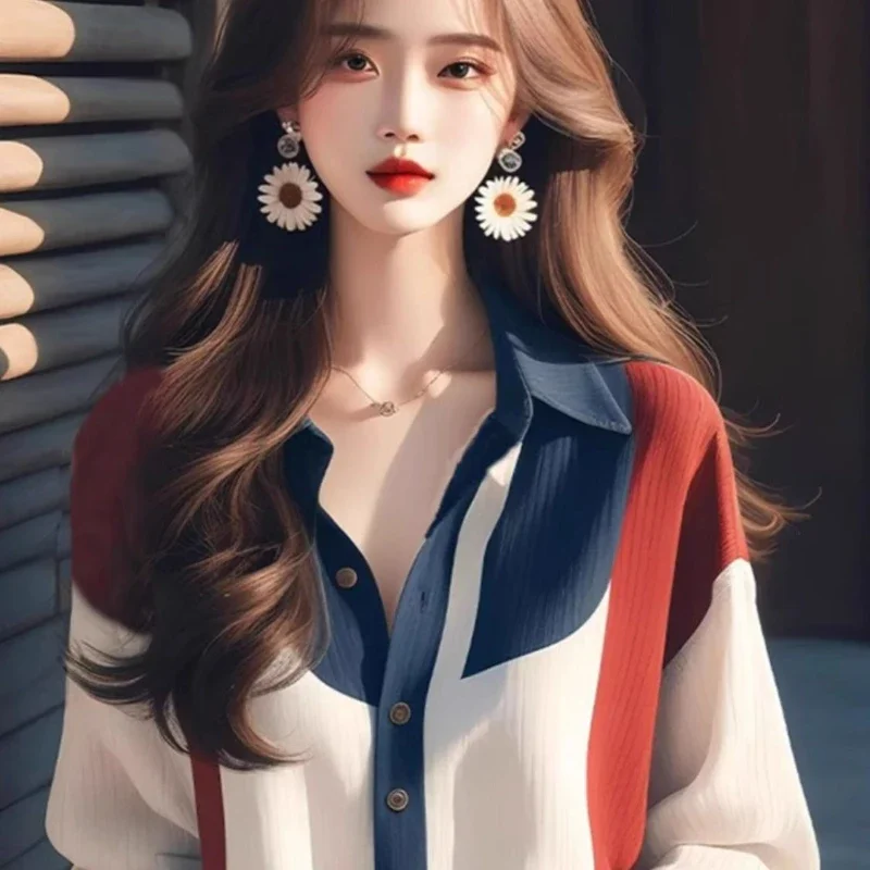 Vintage Women\'s Shirts Spring/summer New Patchwork Women Shirts Loose Long Sleeves Tops Fashion Korean Clothing Sales