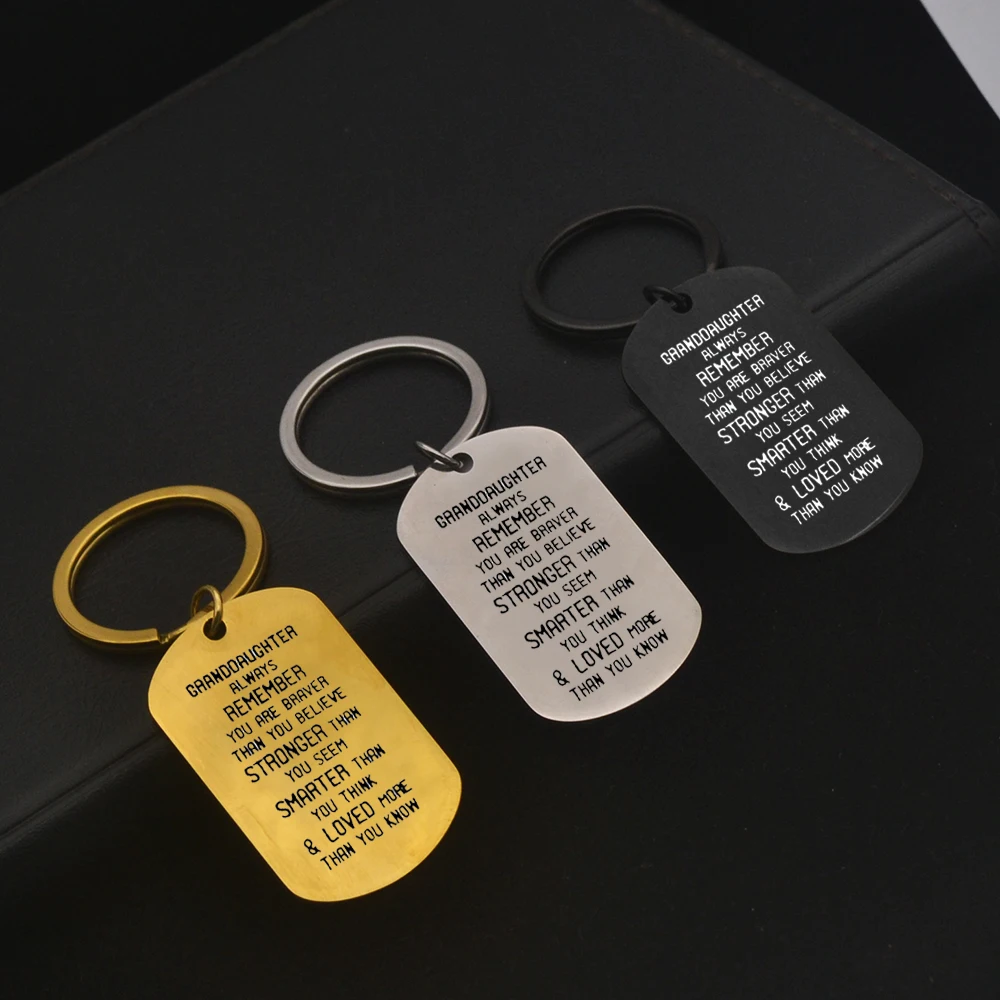 Stainless Steel Custom Granddaughter Keychain 4 Colors Gold Rose Black Steel Engraved Brave Strong Inspirational Text Pendant Ta