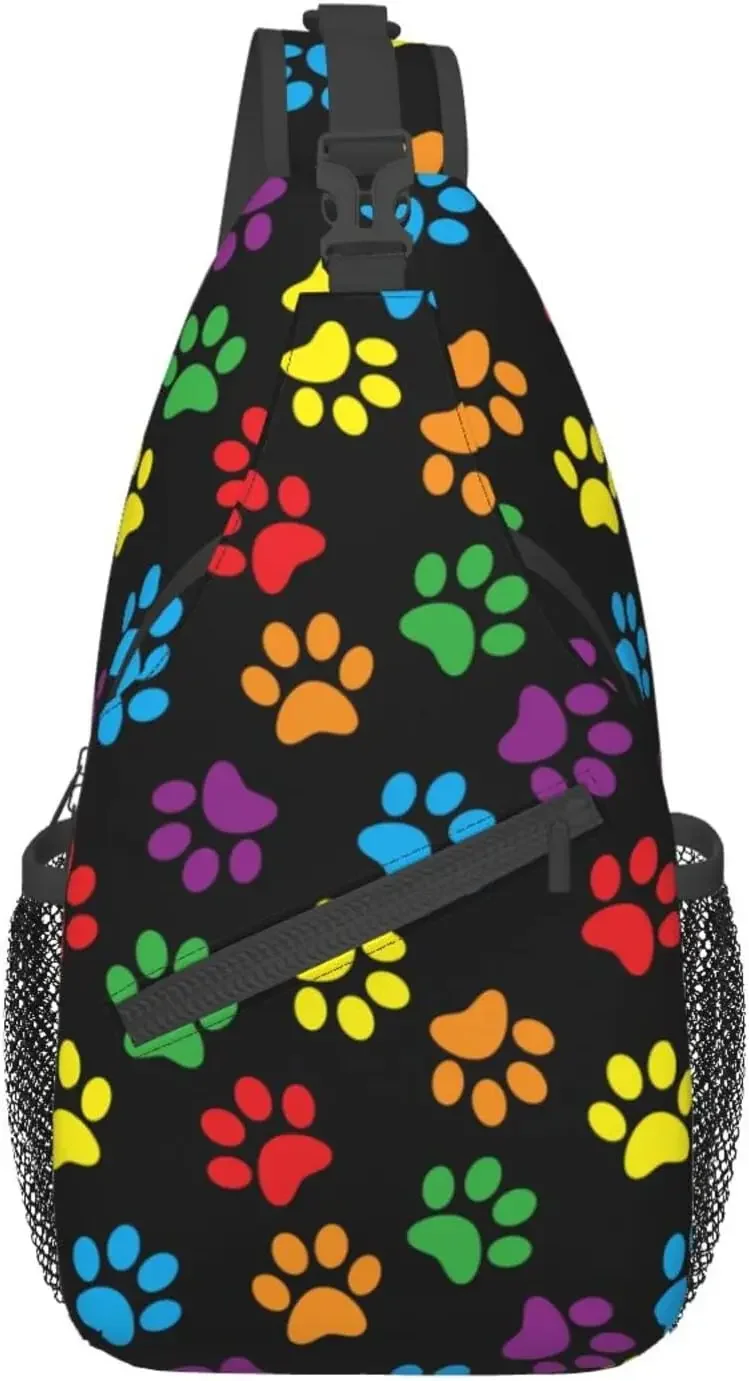 Colorful Dog Cat Paw Print Sling Backpack Travel Hiking Daypack Crossbody Shoulder Bag Chest Bag for Women Men Gifts