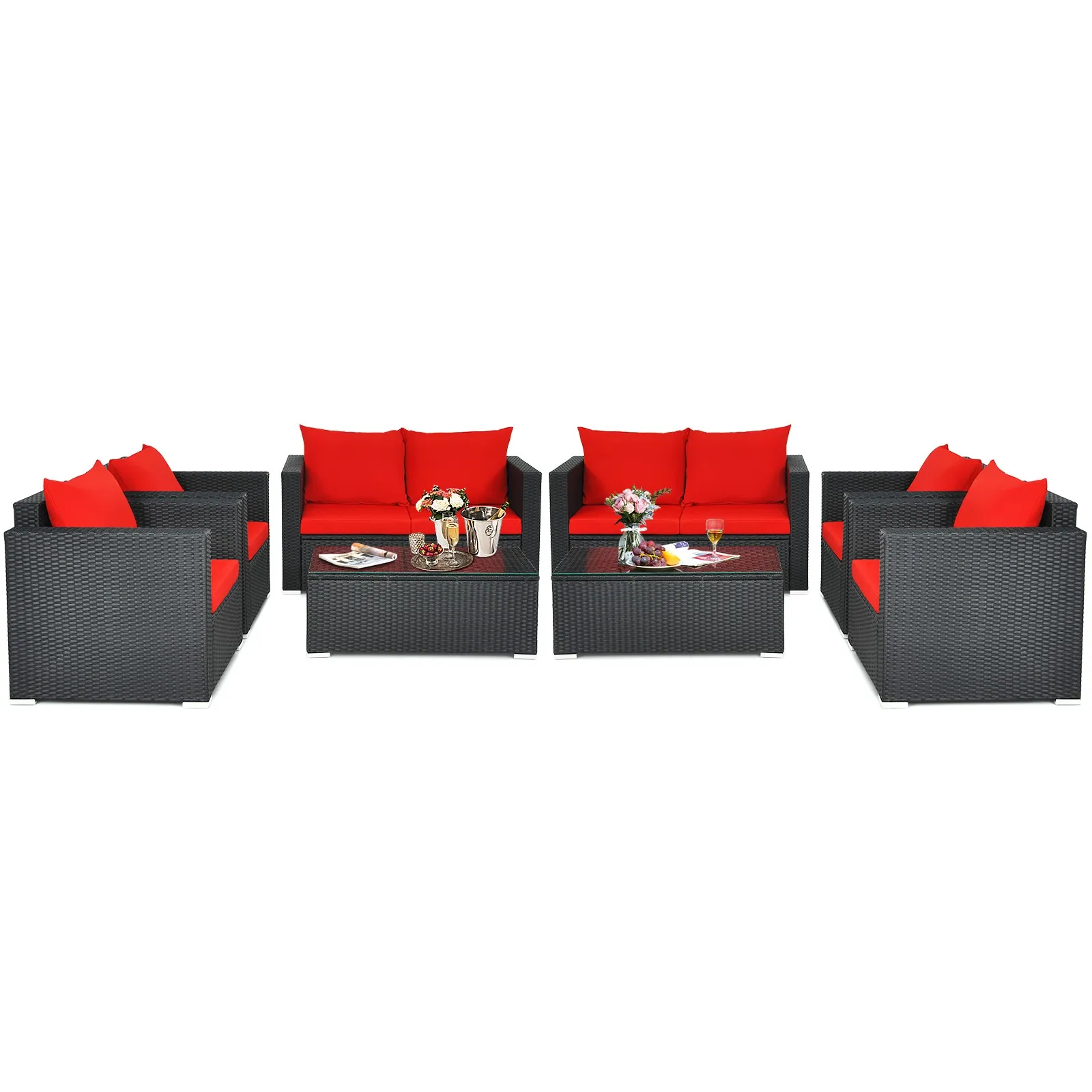 

8PCS Patio Rattan Furniture Set Cushioned Sofa Chair Coffee Table Garden Red