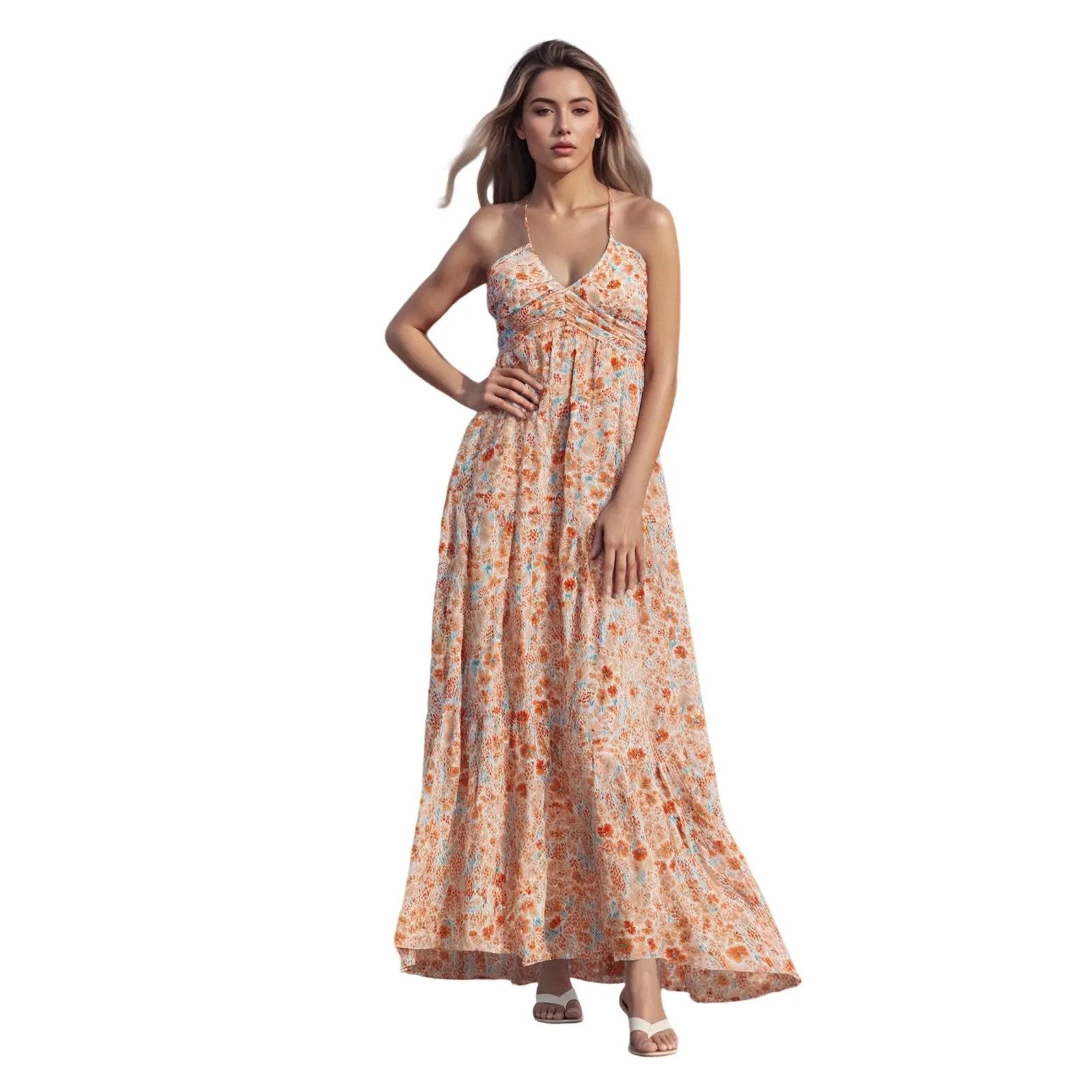 2025 Sexy Women's Halter Long Dress Fashion Ladies Sleeveless Deep V Neck Solid Color/Floral Print Slim Dress Summer Beach Dress