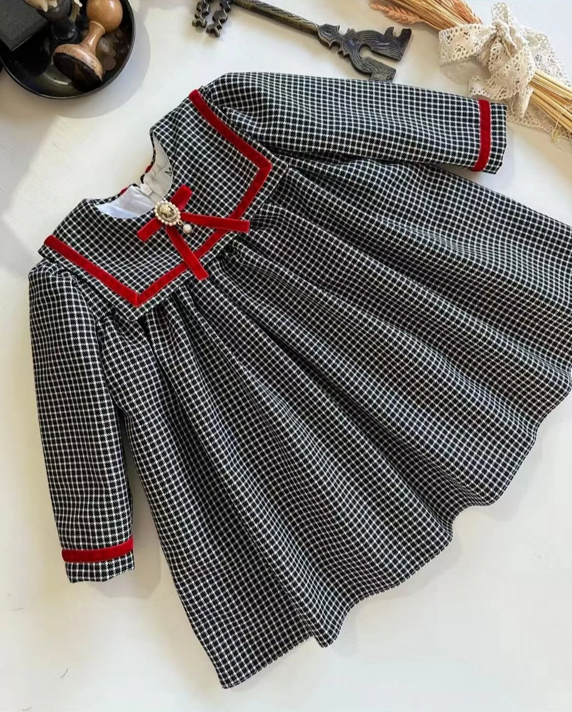 

0-12Y Baby Girl Autumn Black Plaid Vintage Princess Dress for Birthday Photography Holiday Eid C211