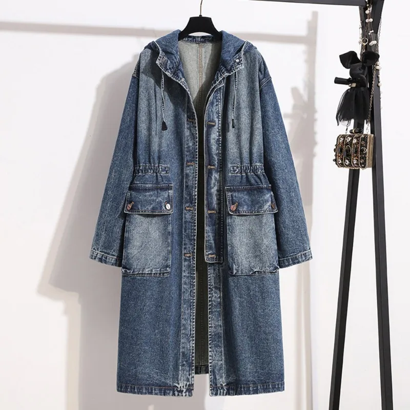 Vintage Washed Long Hooded Denim Coat Drawstring Waist Adjustable Trench Jacket Women Large Cargo Pockets Casual Outerwear