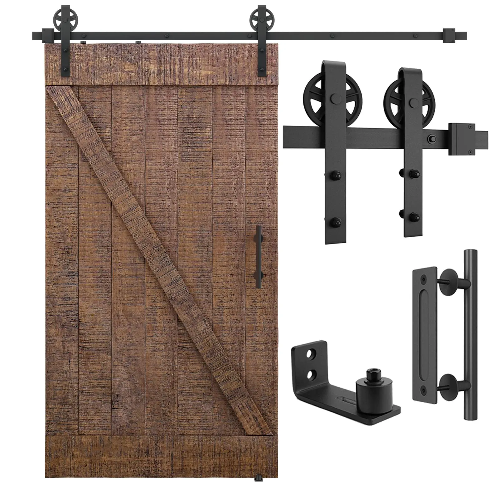 7FT Heavy Duty Sliding Barn Door Hardware Kit Black Industrial Wheel Hanger Track Handle Floor Guide for 42 Inch Wood Door
