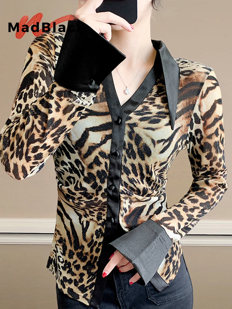 

MadBlack-Women's European Shirt, Sexy Polo-Neck Leopard Print, Streetwear Long Sleeve Slim Mesh Blouse, 2025 Autumn New T59167CC