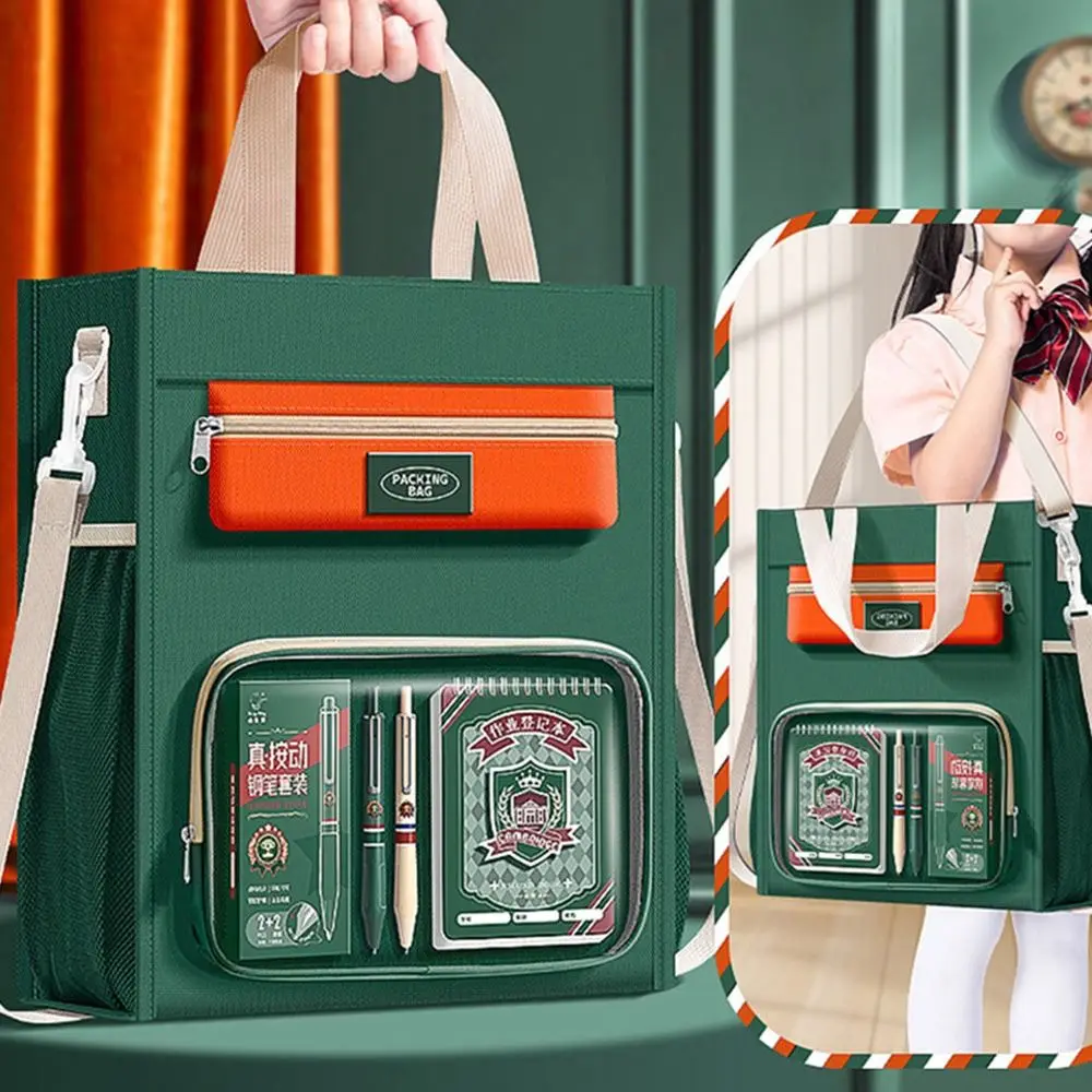 Multifunctional Contrast Color Tutorial Bag Six-layer Large Capacity Books Bag British Style Handbag Art Supplies Storage