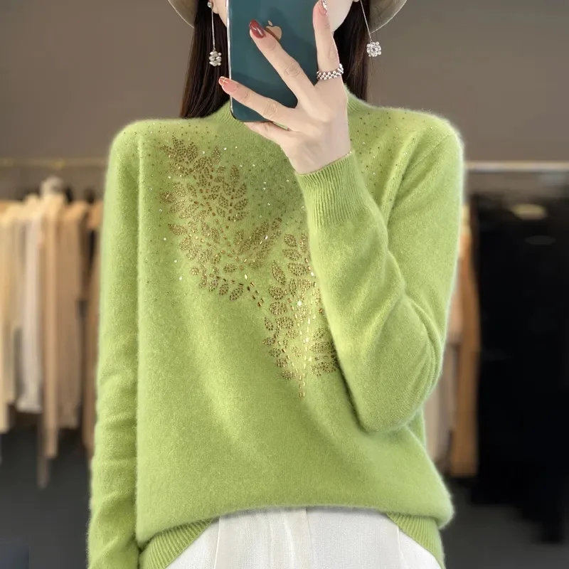 

Autumn And Winter Woolen Sweater Stylish Half High Necked Knitted Bottom Sweater Women's High-End And Slim Fit Diamond Pullover