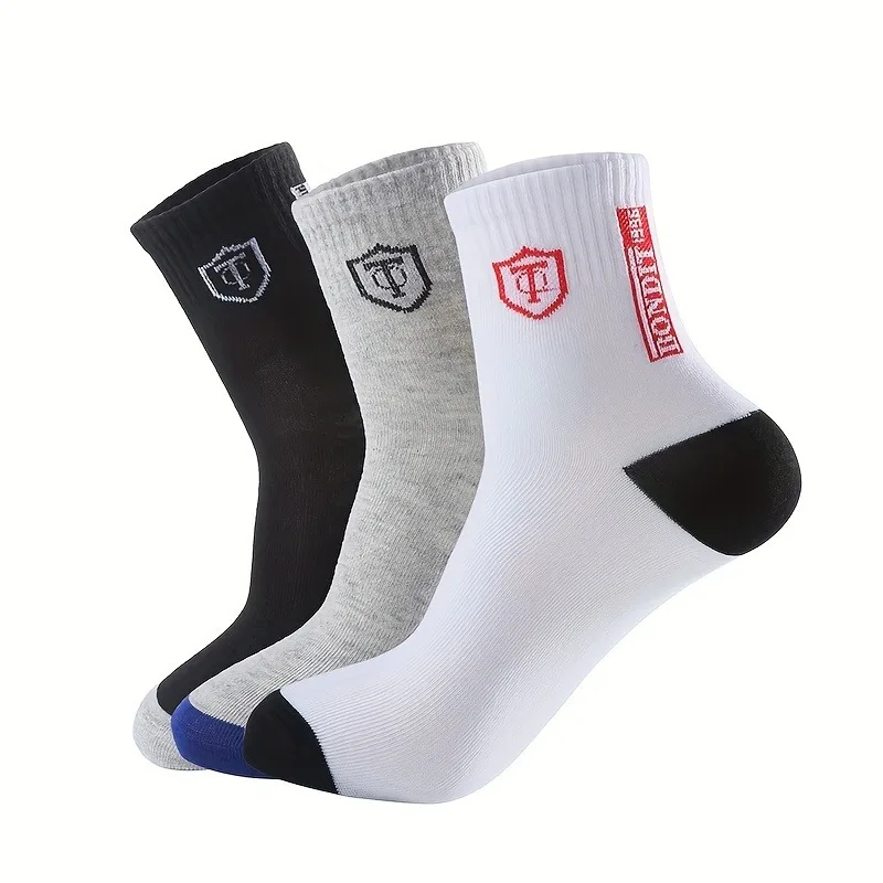 6-Pack Minimalist Casual Letter Mid-Calf Socks, Breathable Business Men's Socks