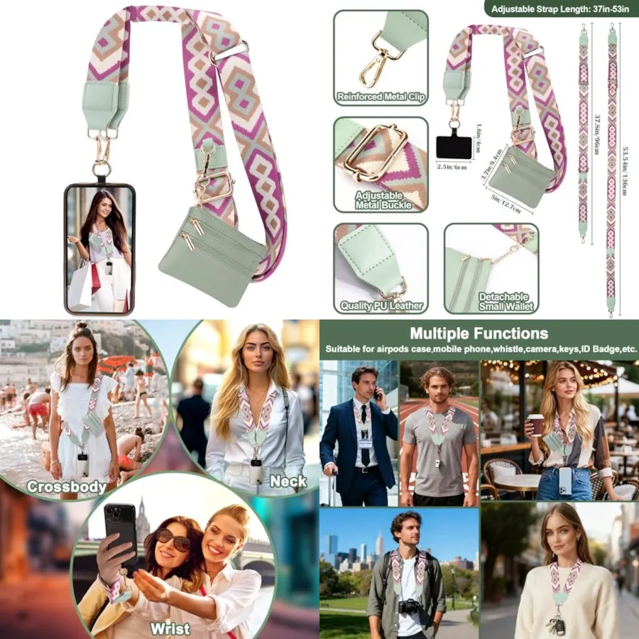 

Clip and Go Strap for Phone with Wallet Crossbody, Phone Strap with Zippered Wallet, Adjustable Anti Theft Cellphone Lanyard fo