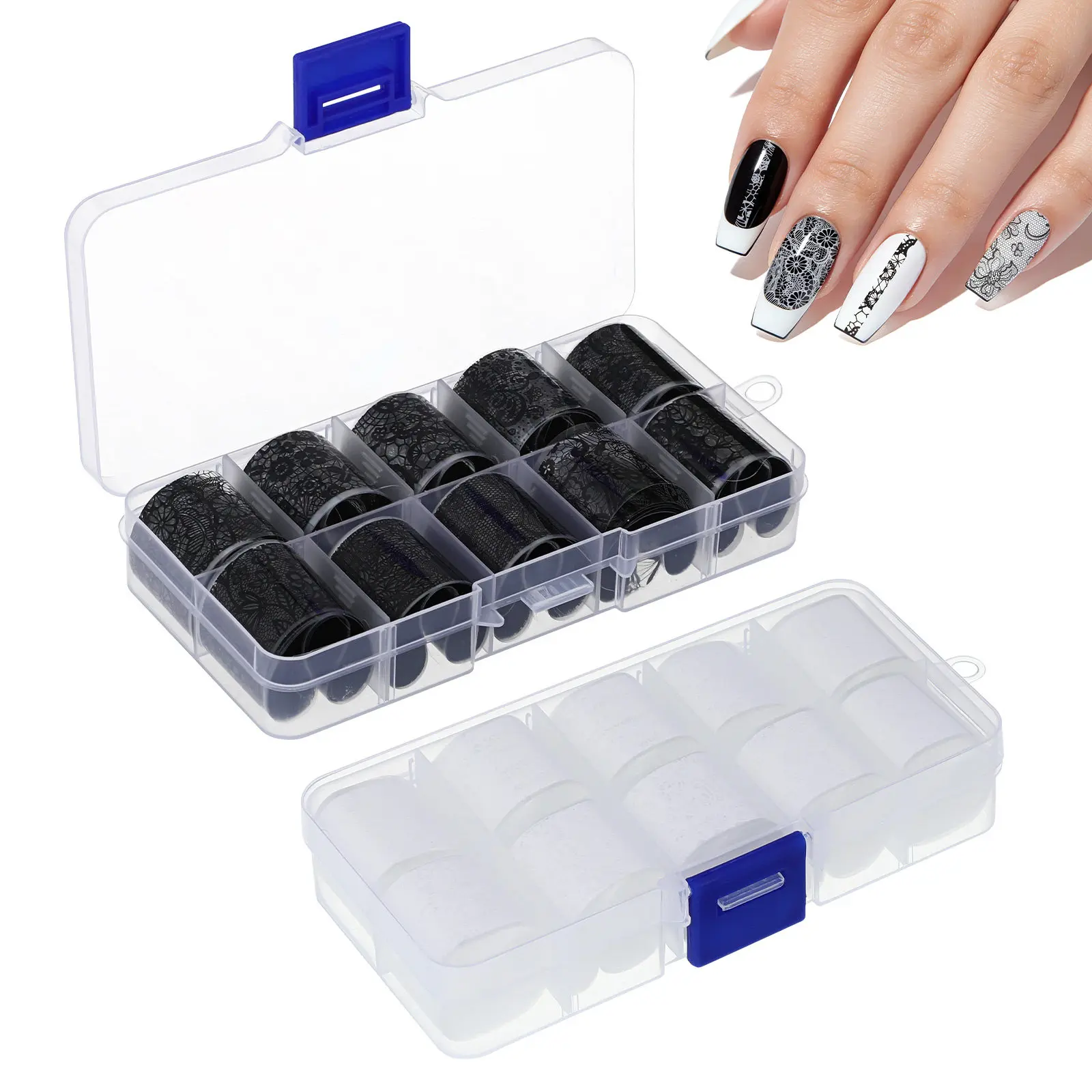 20 Rolls Lace Nail Stickers in Black White with Individual Compartment Storage Box Fine Workmanship Nail Art Decals for Women
