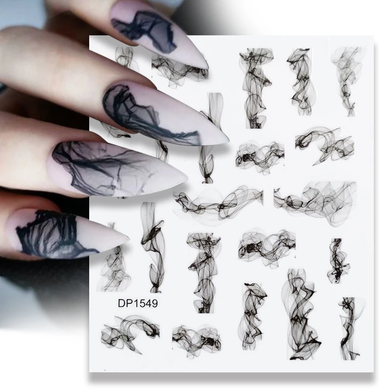 Black Blooming Smoke 3D Nail Stickers Pink Blue Color Marble Design Manicure Wave Drawing Glitter Flower Nail Water Decal Slides