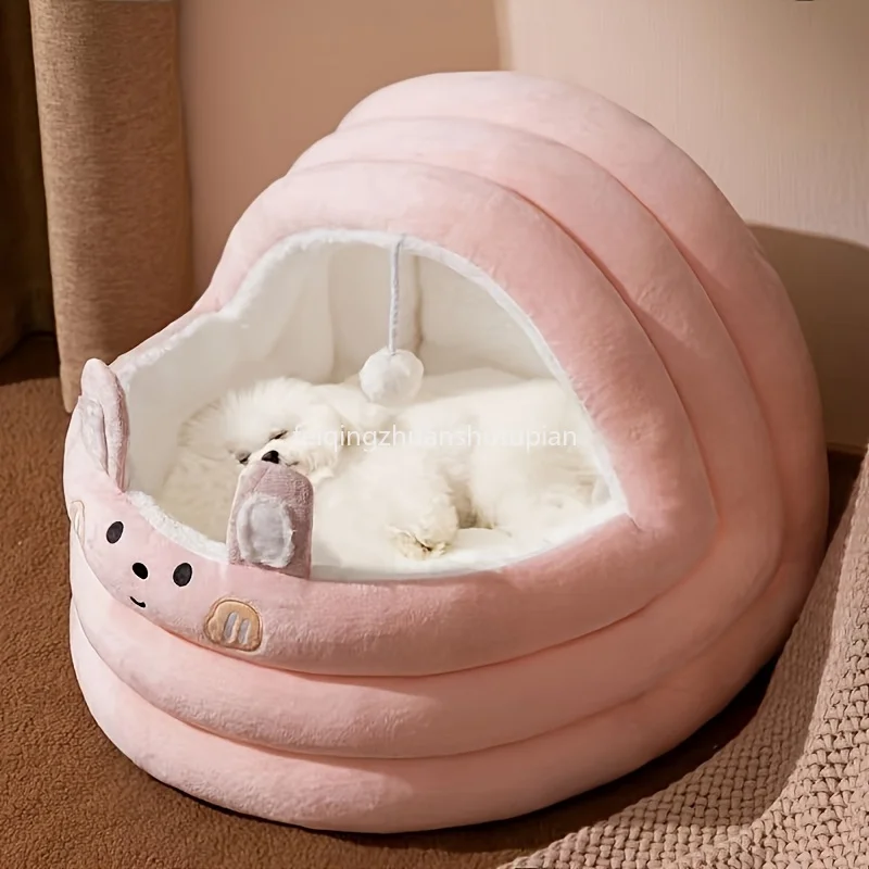 

Comfortable Plush Pink Plush Cat Bed Detachable Washable Padded Kitten House with Cute Rabbit Ears and Cute Hanging Balls