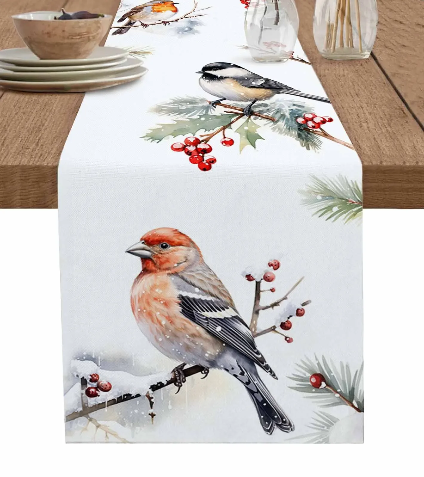 Christmas Robin Berries Pine Needles Table Runner Cotton Linen Wedding Decor Tablecloth Holiday Dining Table Decor Table Runner