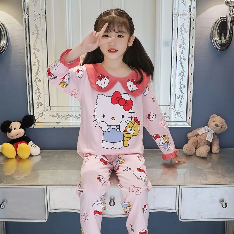 Hello Kitty Cinnamoroll girls pajamas spring and autumn new long-sleeved cotton kawaii parent-child suit fashionable home wear