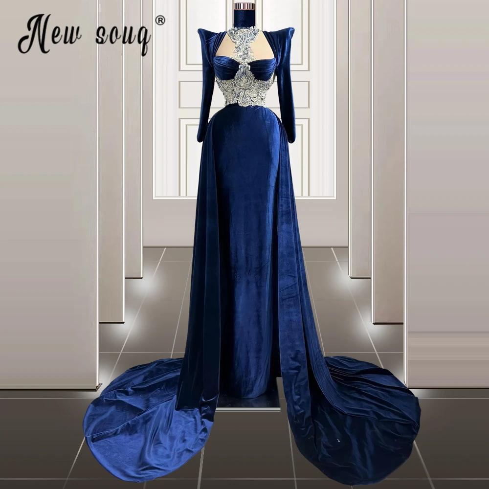 Velvet Royal Blue Beading Long Sleeve Evening Dress with Train 2023 Women Luxury Crystals Prom Party Gowns Custom Made Vestidos