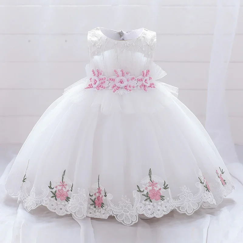 

Baby Dress White Pink Flower Baptism First 1st Birthday Baby Girl Clothing Toddler Princess Lace Party Beads Costumes 0-5 Years