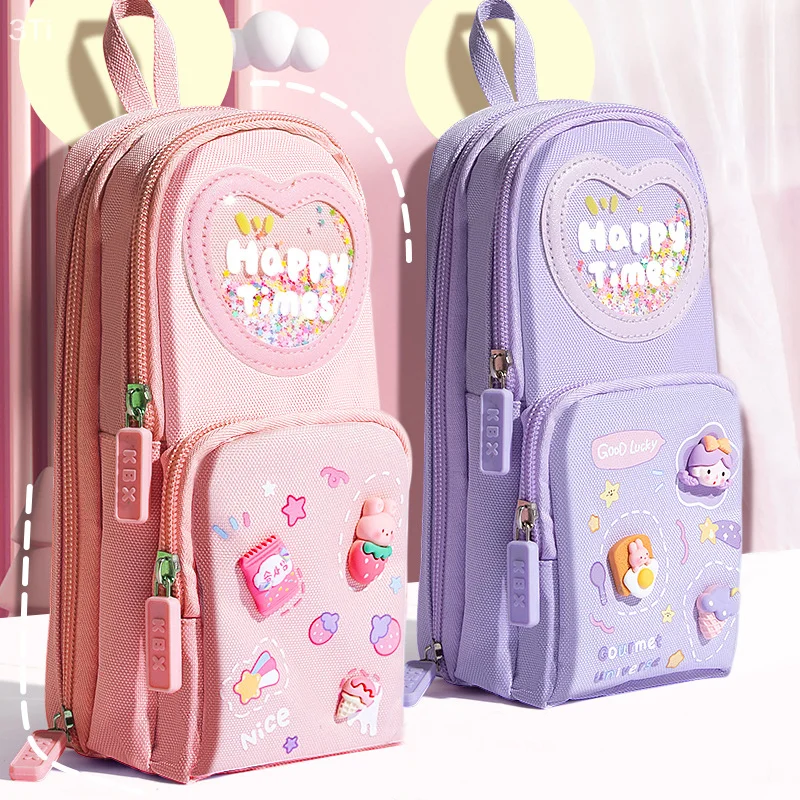 تخزين اللوازم المدرسية الأساسية - مقلمة قماشية ذات سعة كبيرة بأسلوب كاواي اللطيف.