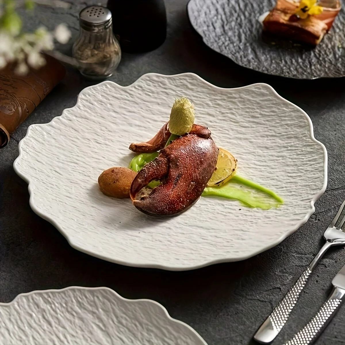 

Japanese Minimalist 8 Inch Stone Pattern Ceramic Plate Black White Deep Dish for Hotel Home