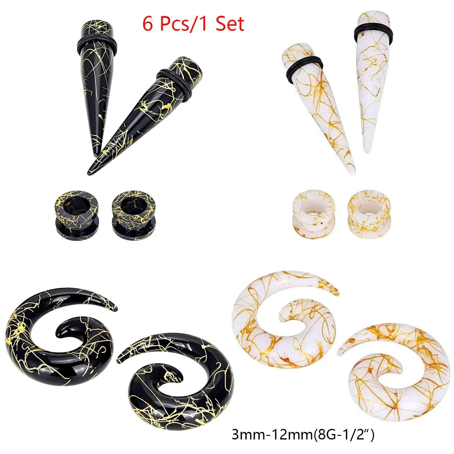 6 Pcs Acrylic Ear Stretching Kit Tapers Tunnels Spiral Expander Set Ear Piercing Starter Gauges 8g-1/2 Inch